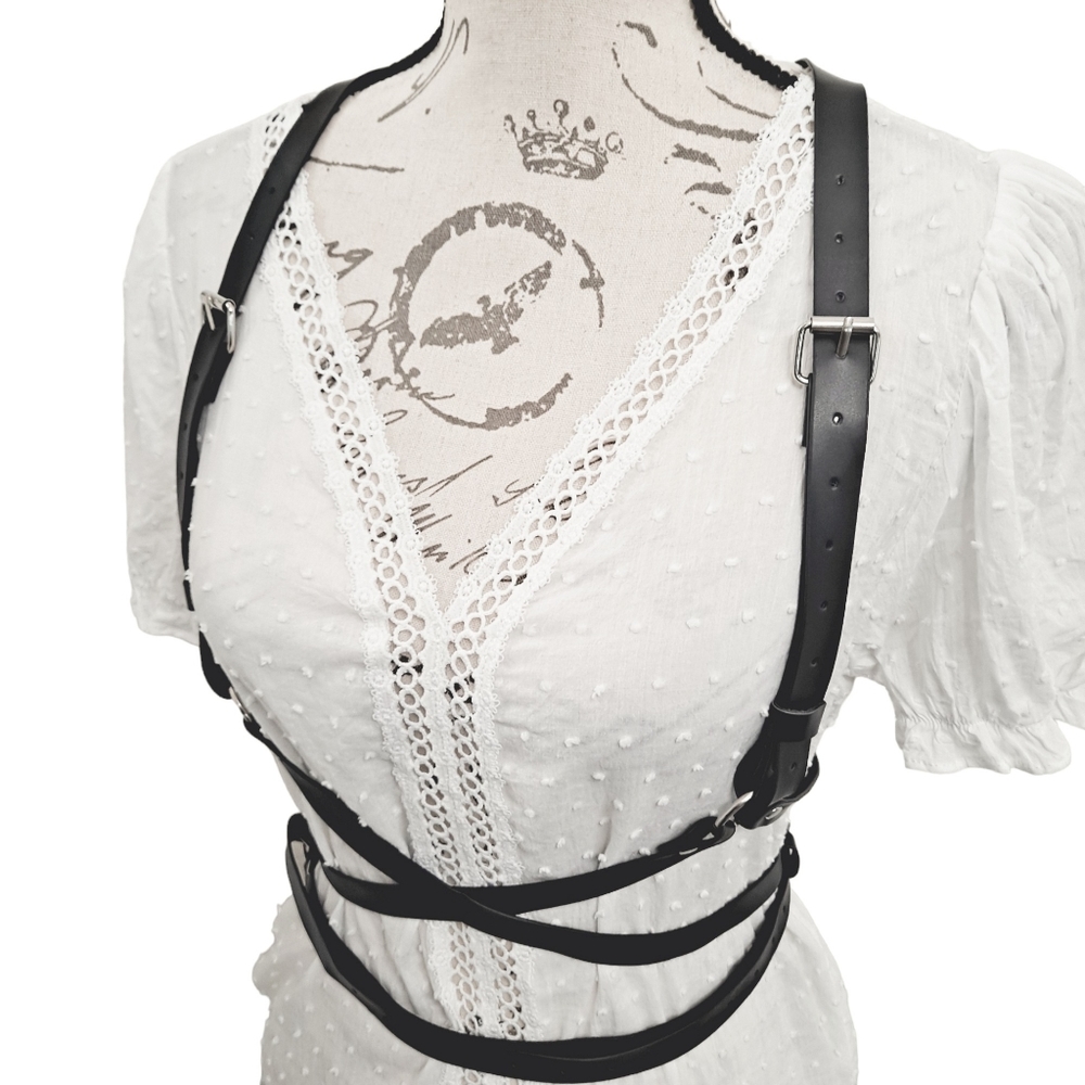 Faux leather black Underbust adjustable harness suspenders waist sexy belt - Picture 6 of 14